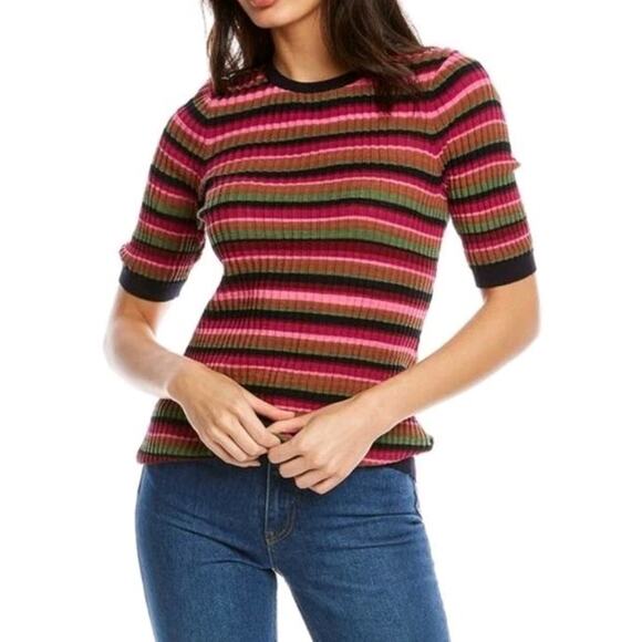 Trina Turk Multi Colored Striped Stretch Knit Short‎ Sleeve Pullover Size Small - Picture 1 of 6